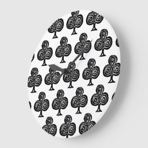 Black Playing Card Symbol Club Shape Lino Cut Large Clock