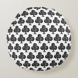 Black Playing Card Symbol Club Shape Lino Cut Round Cushion