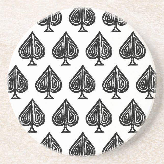 Black Playing Card Symbol Spades Shape Lino Cut Coaster (Front)
