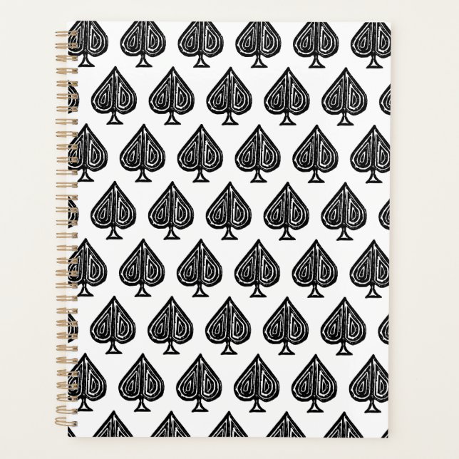 Black Playing Card Symbol Spades Shape Lino Cut Planner (Front)