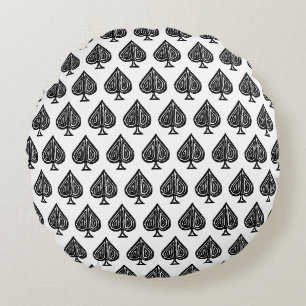 Black Playing Card Symbol Spades Shape Lino Cut Round Cushion