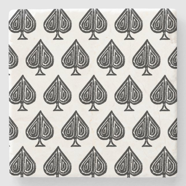 Black Playing Card Symbol Spades Shape Lino Cut Stone Coaster (Front)