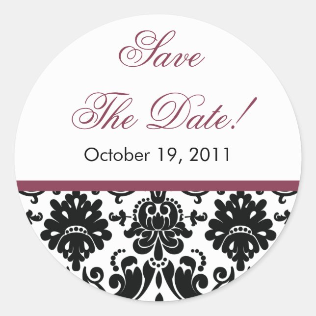 Black & Plum Damask Save the Date Wedding Sticker (Front)
