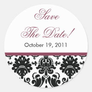 Black & Plum Damask Save the Date Wedding Sticker
