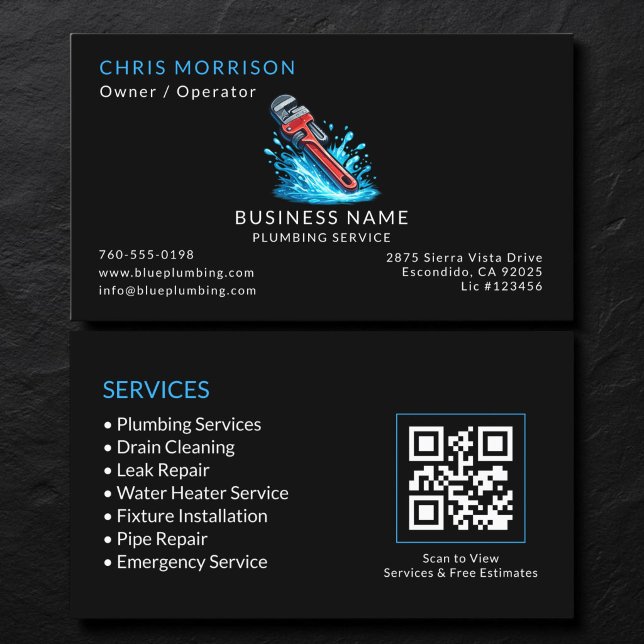 Black Plumber Service QR Code Business Card (Creator Uploaded)