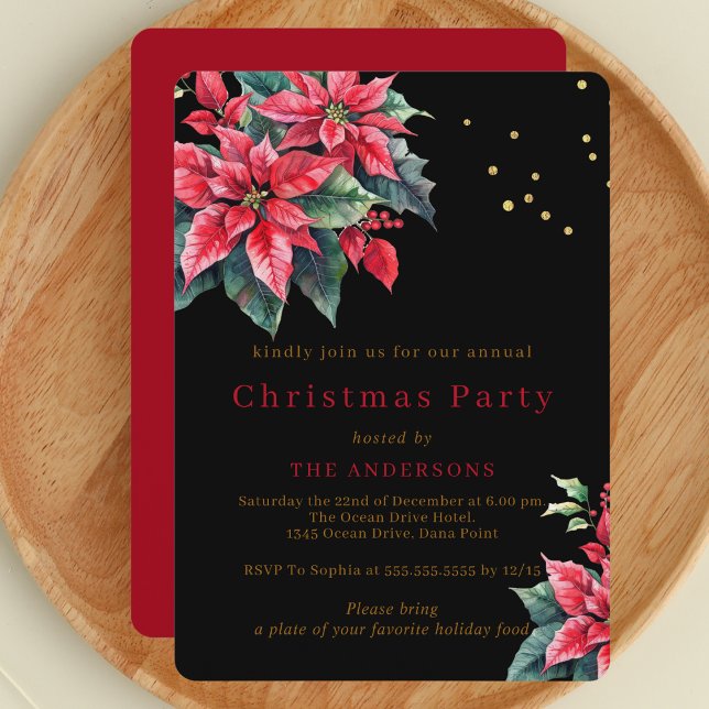 Black Poinsettia flower Christmas party Invitation (Creator Uploaded)