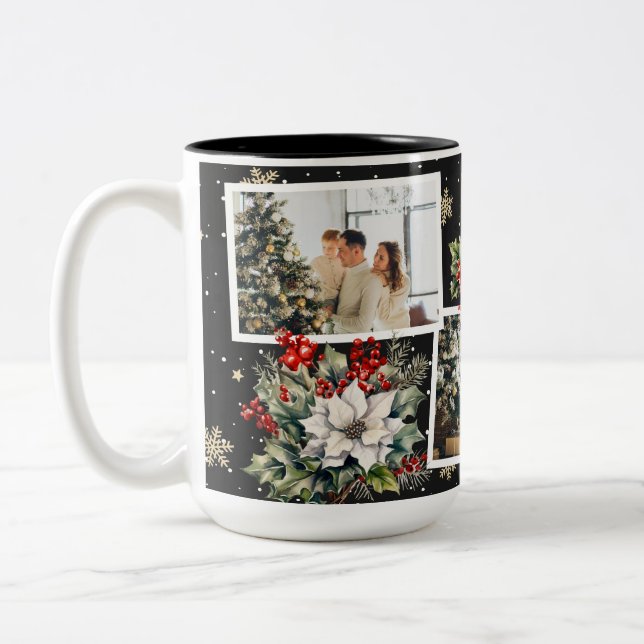 Black Poinsettia Holly Berries Photo Christmas Two-Tone Coffee Mug (Left)