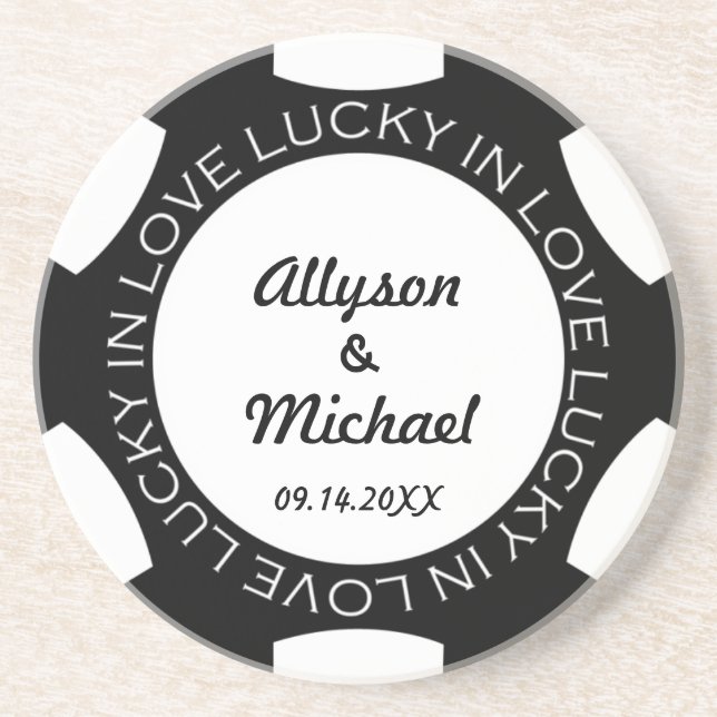 Black poker chip lucky in love wedding anniversary coaster (Front)