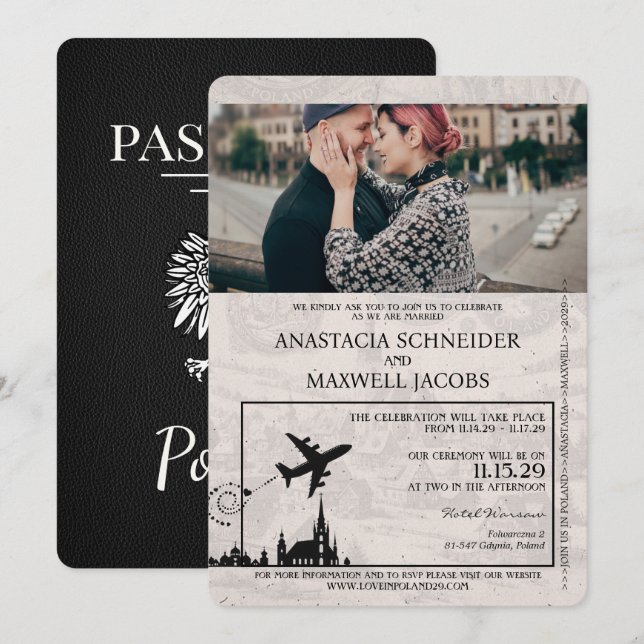 Black Poland Passport Wedding Invitation (Front/Back)