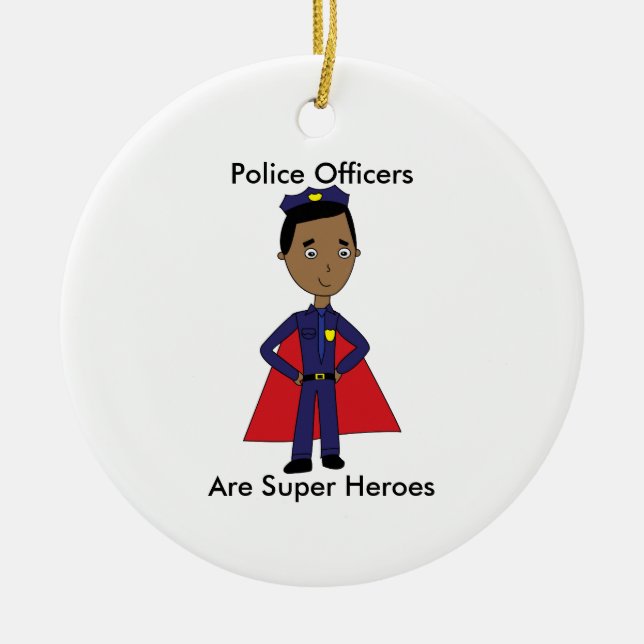 Black Police Super Hero Personalise Ceramic Tree Decoration (Front)