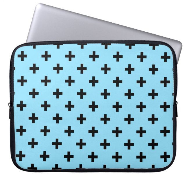 Black polka crosses on baby blue laptop sleeve (Front)
