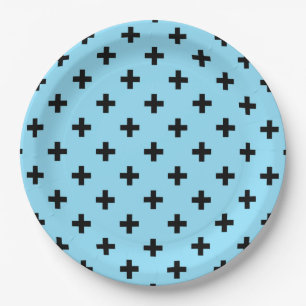 Black polka crosses on baby blue paper plate