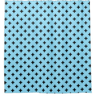 Black polka crosses on baby blue shower curtain