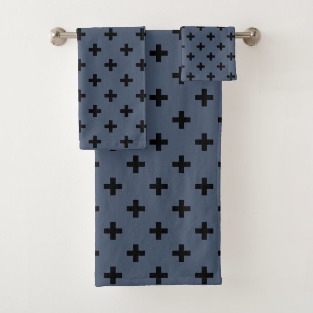 Black polka crosses on blue-grey bath towel set (Insitu)