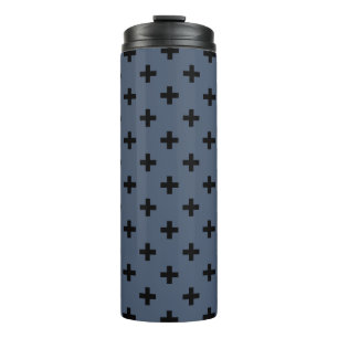 Black polka crosses on blue-grey thermal tumbler
