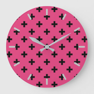 Black polka crosses on fuchsia large clock