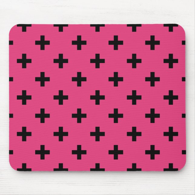 Black polka crosses on fuchsia mouse mat (Front)