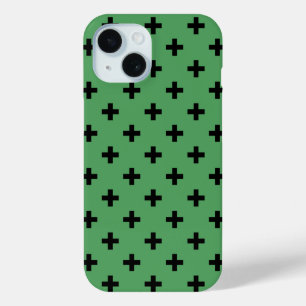 Black polka crosses on green iPhone 15 case