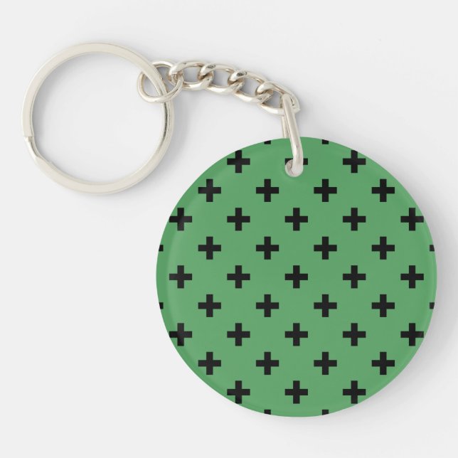 Black polka crosses on green key ring (Front)