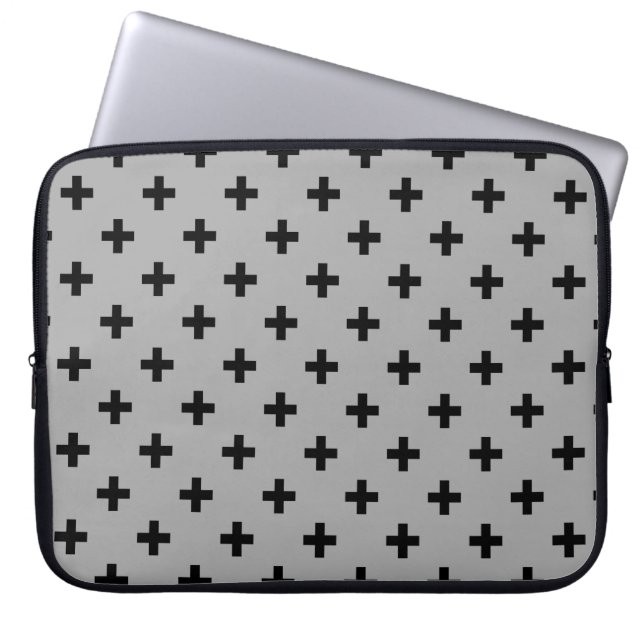 Black polka crosses on grey laptop sleeve (Front)