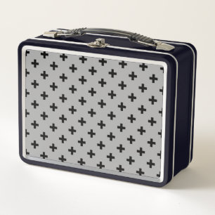 Black polka crosses on grey metal lunch box