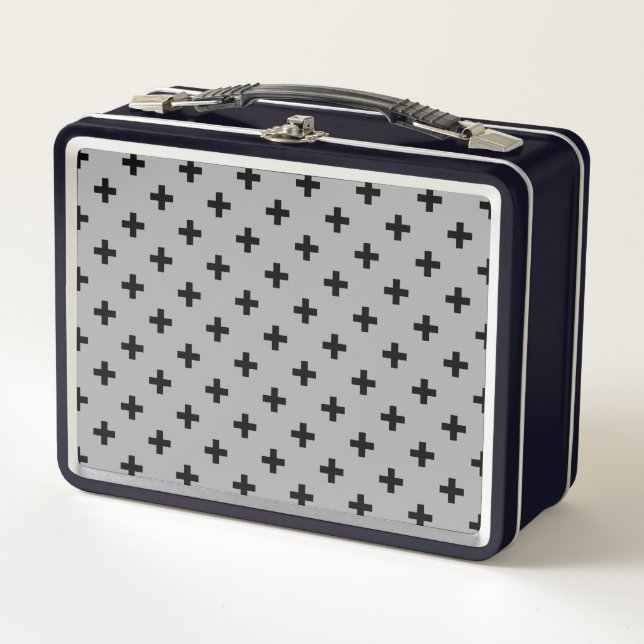 Black polka crosses on grey metal lunch box (Front)