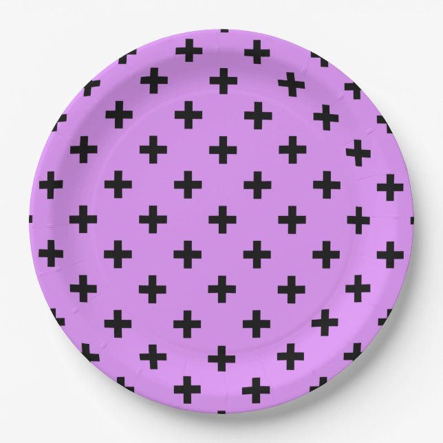 Black polka crosses on lilac paper plate (Front)