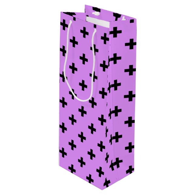 Black polka crosses on lilac wine gift bag (Front Angled)
