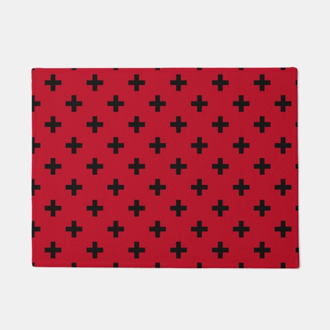 Black polka crosses on red doormat (Front)