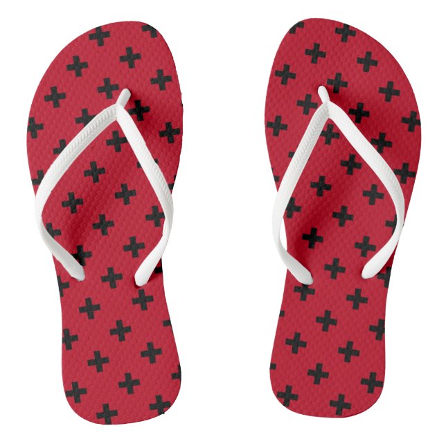 Black polka crosses on red flip flops (Footbed)
