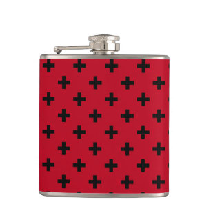 Black polka crosses on red hip flask