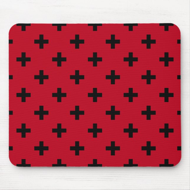 Black polka crosses on red mouse mat (Front)