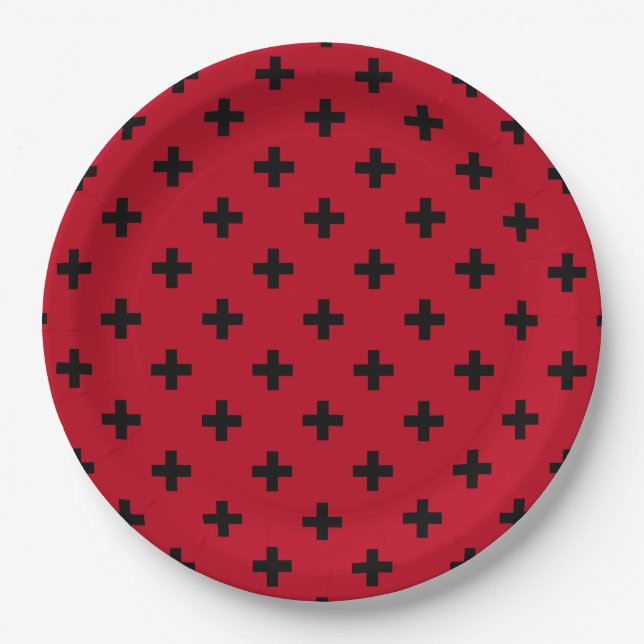 Black polka crosses on red paper plate (Front)