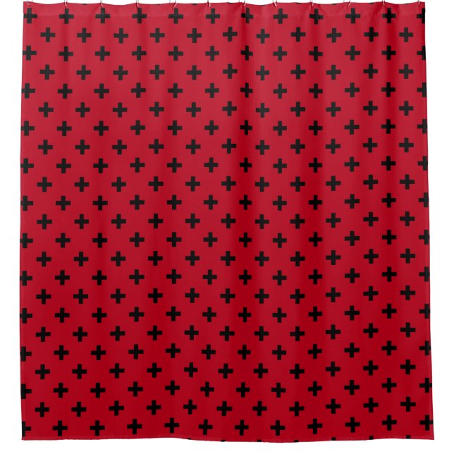 Black polka crosses on red shower curtain (Front)