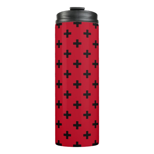 Black polka crosses on red thermal tumbler (Front)