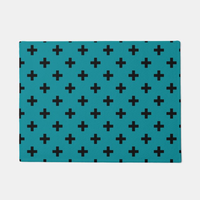 Black polka crosses on teal doormat (Front)