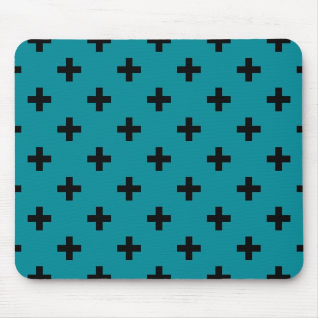 Black polka crosses on teal mouse mat (Front)