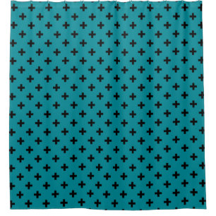 Black polka crosses on teal shower curtain