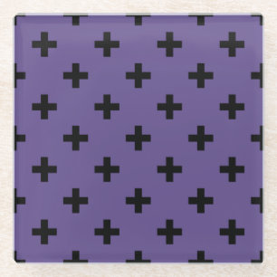 Black polka crosses on ultra violet glass coaster
