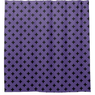 Black polka crosses on ultra violet shower curtain