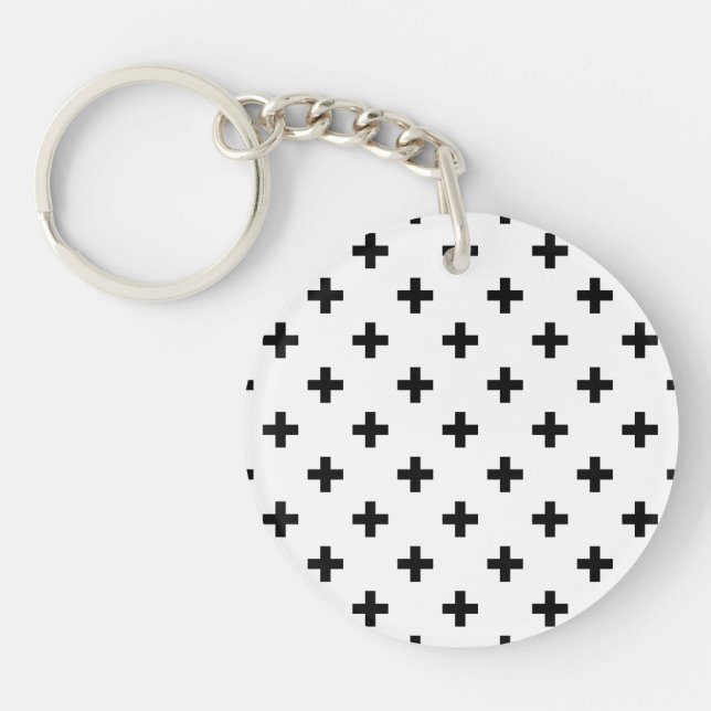 Black polka crosses on white key ring (Front)