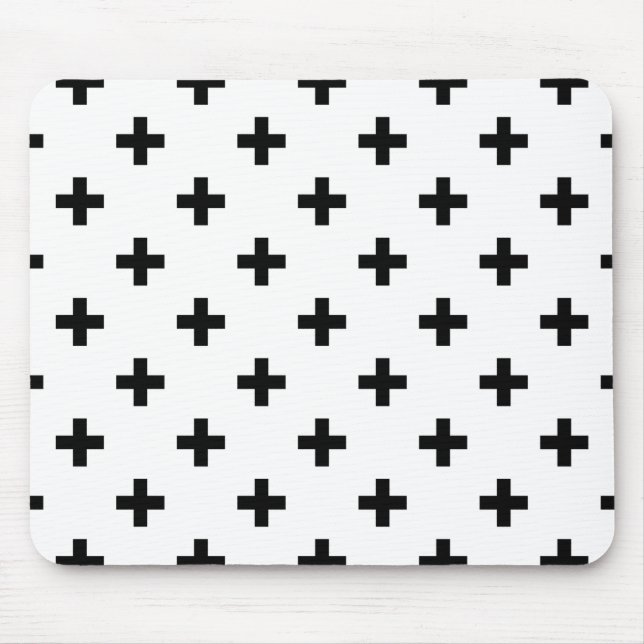 Black polka crosses on white mouse mat (Front)