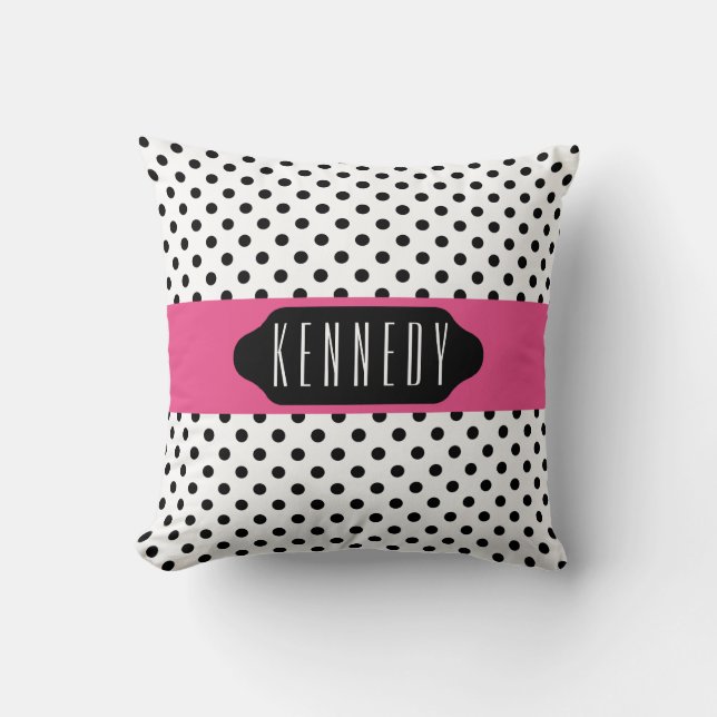 Black polka dot and pink stripe custom pillow (Front)