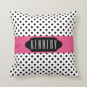 Black polka dot and pink stripe custom pillow