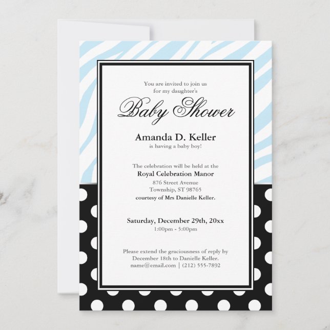 Black Polka Dot Blue Zebra Print Baby Shower Invitation (Front)