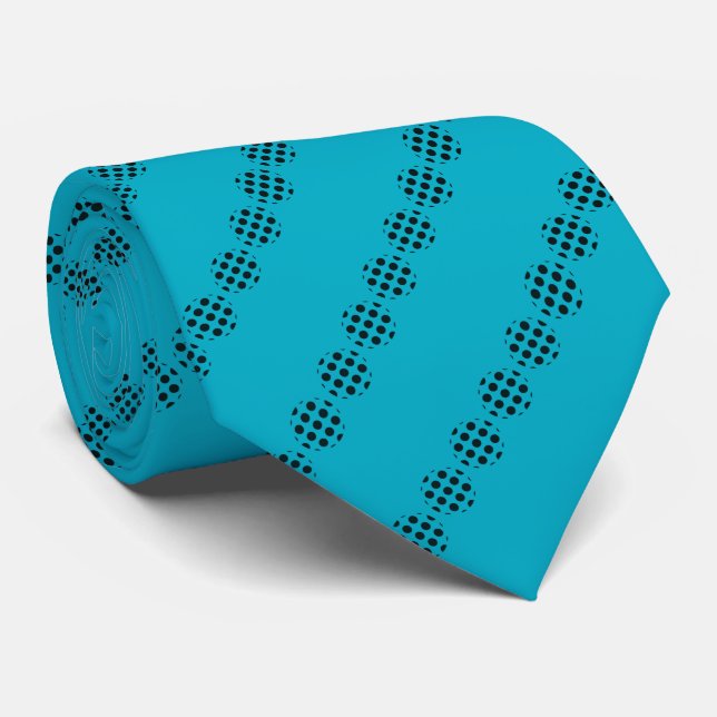 Black Polka Dot Circles Pattern On Cyan Blue Tie (Rolled)