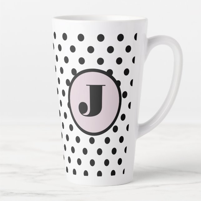 Black Polka Dot Custom Monogram Latte Mug (Right)