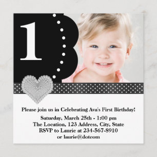 Black Polka Dot Girls Photo 1st Birthday Party Invitation