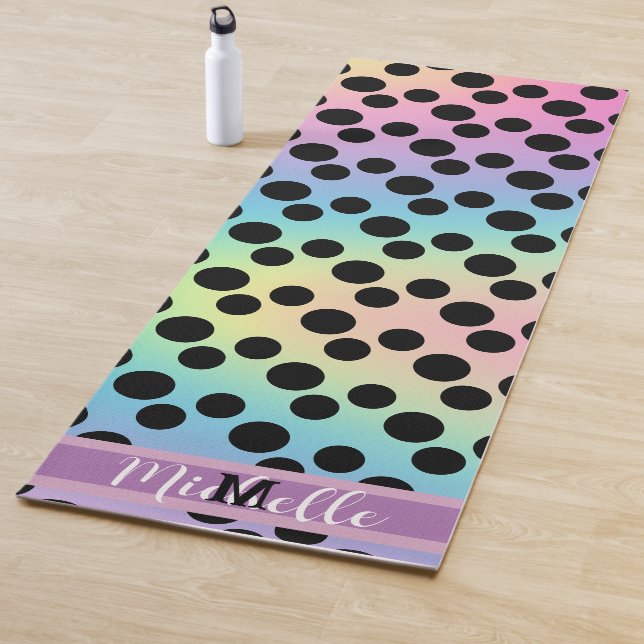 Black polka dot Gradient rainbow custom Monogram Yoga Mat (In Situ)