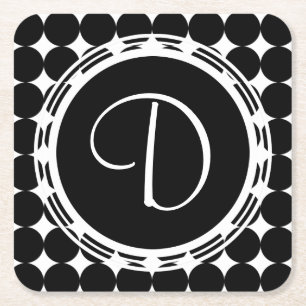 Black Polka Dot Monogram Square Paper Coaster